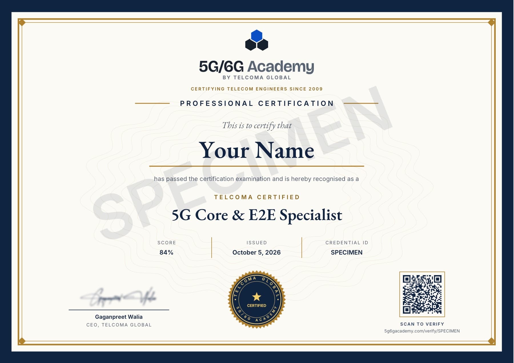 Specimen of the TELCOMA 5G Core & E2E Specialist certificate