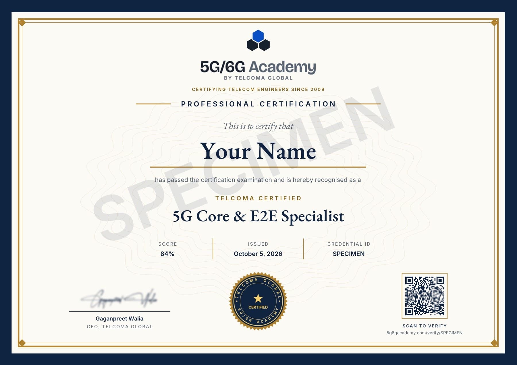 Specimen of the TELCOMA Certified 5G Core & E2E Specialist certificate — the real design, marked SPECIMEN