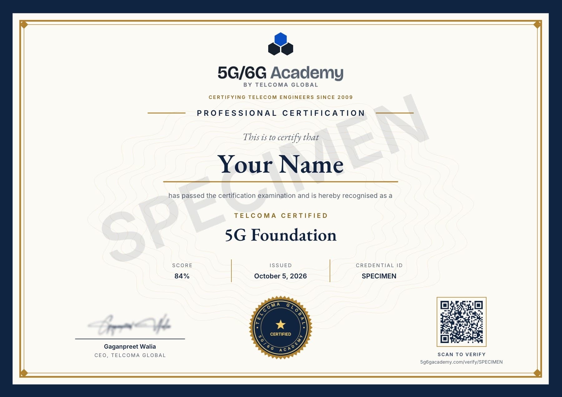 Specimen of the TELCOMA Certified 5G Foundation certificate — the real design, marked SPECIMEN