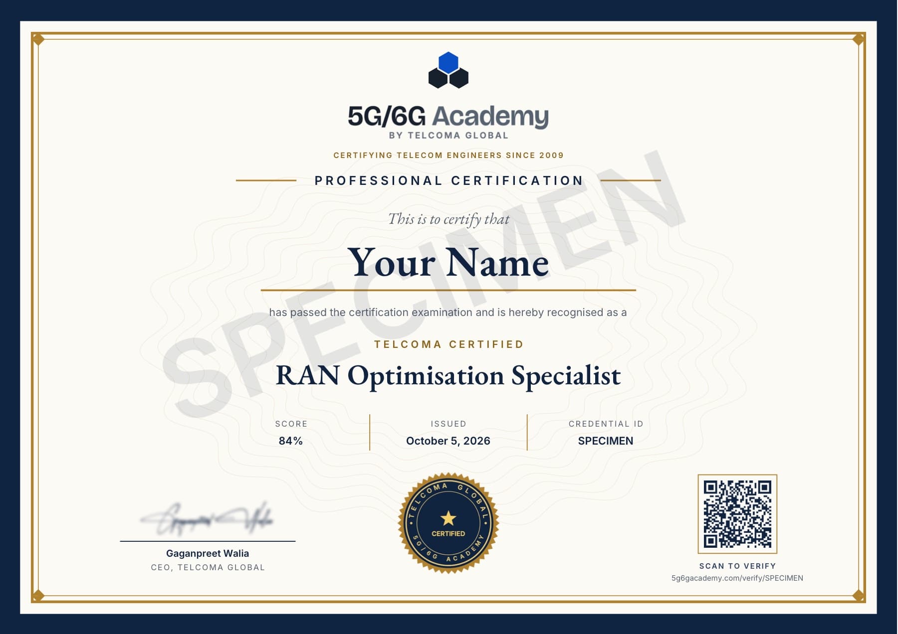 Specimen of the TELCOMA RAN Optimisation Specialist certificate