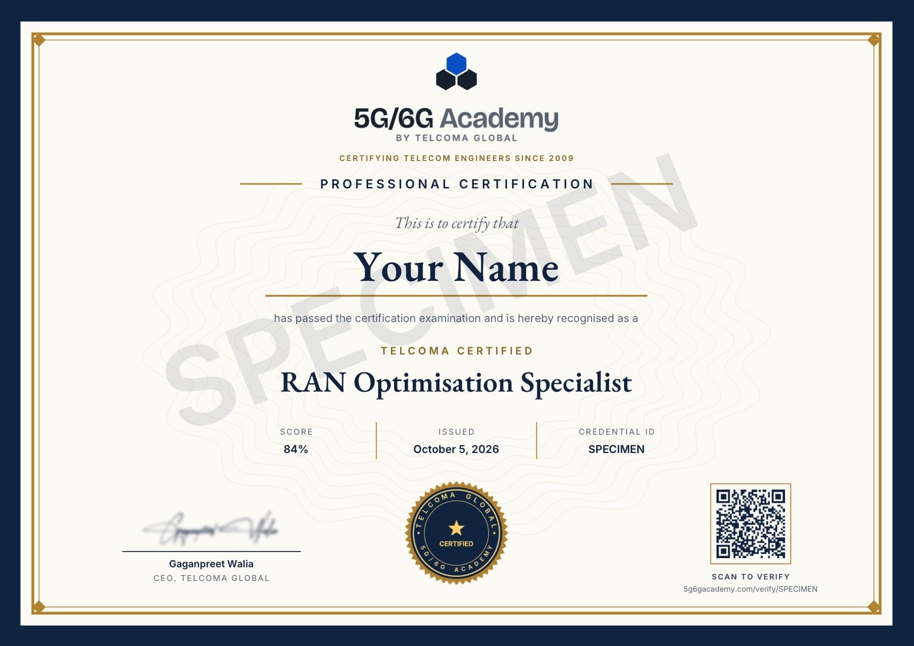 Specimen of the TELCOMA Certified RAN Optimisation Specialist certificate — the real design, marked SPECIMEN