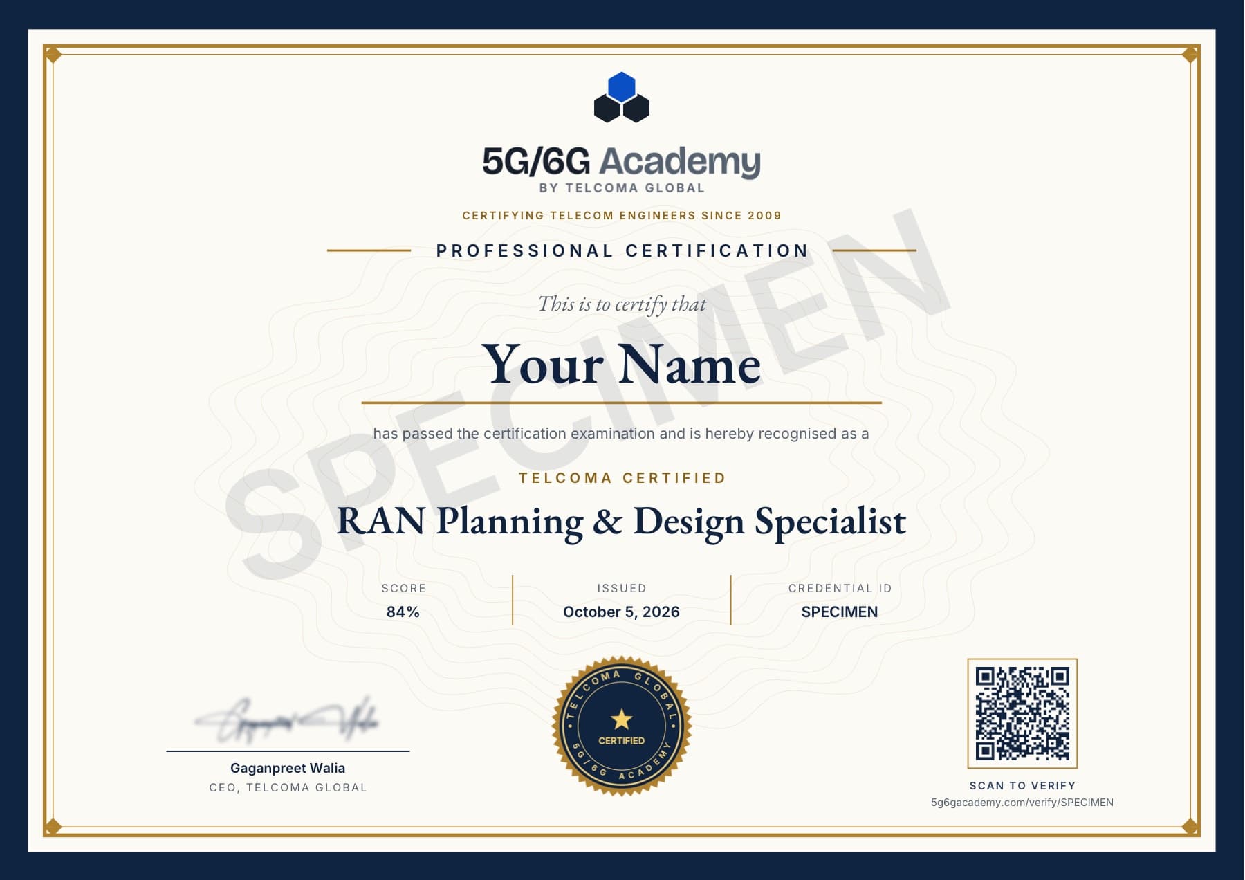 Specimen of the TELCOMA RAN Planning & Design Specialist certificate