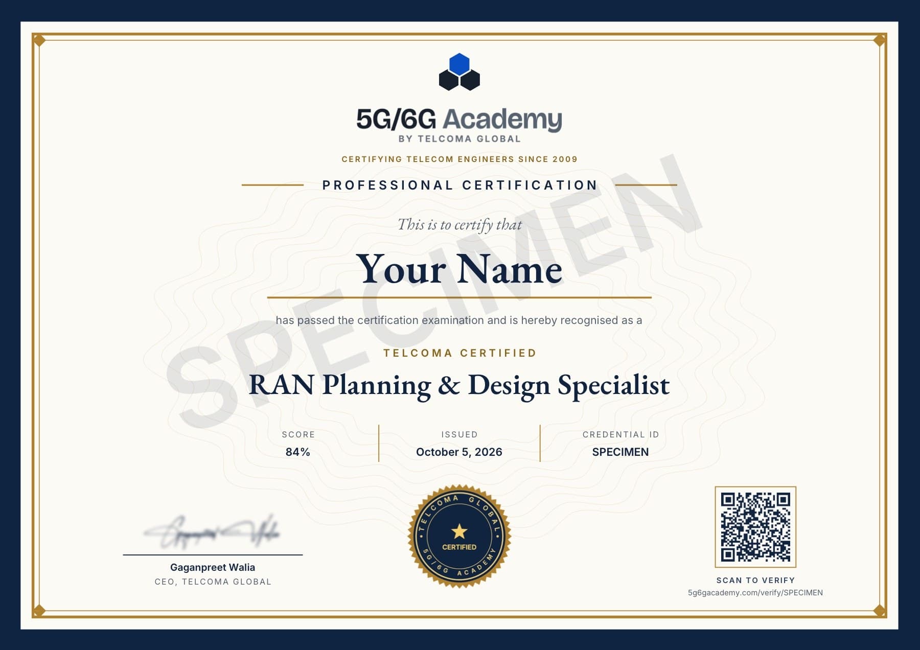 Specimen of the TELCOMA Certified RAN Planning & Design Specialist certificate — the real design, marked SPECIMEN