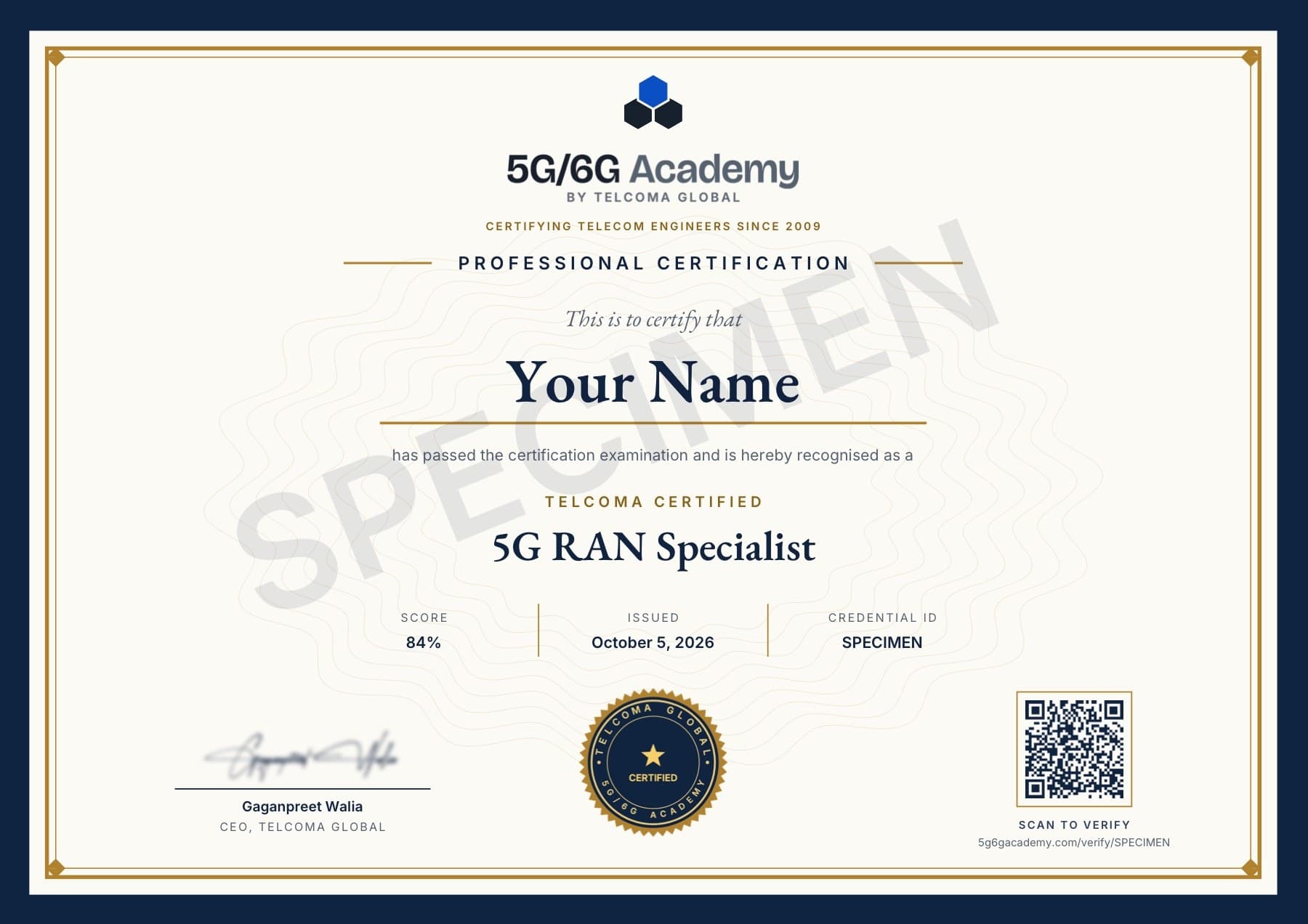 Specimen of the TELCOMA Certified 5G RAN Specialist certificate — the real design, marked SPECIMEN