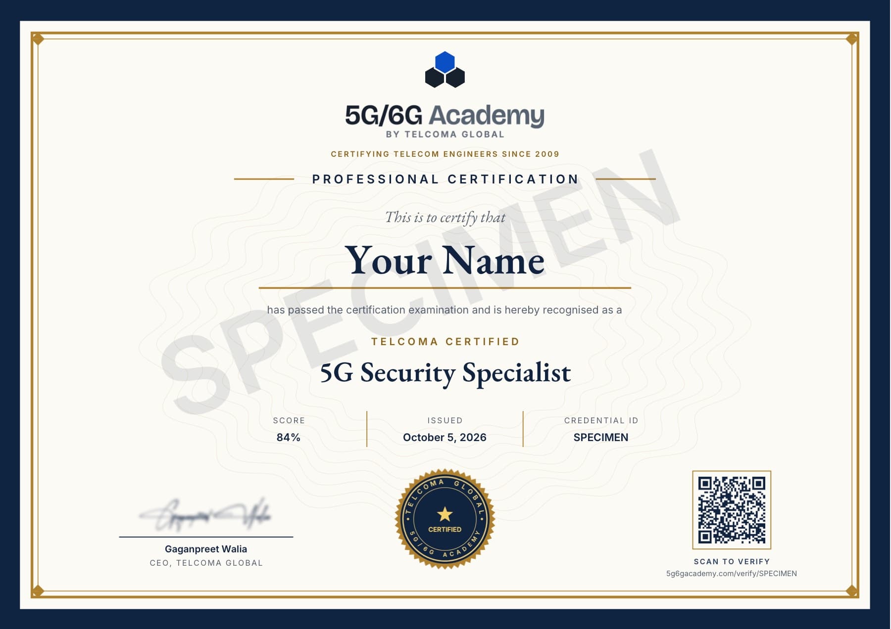 Specimen of the TELCOMA 5G Security Specialist certificate
