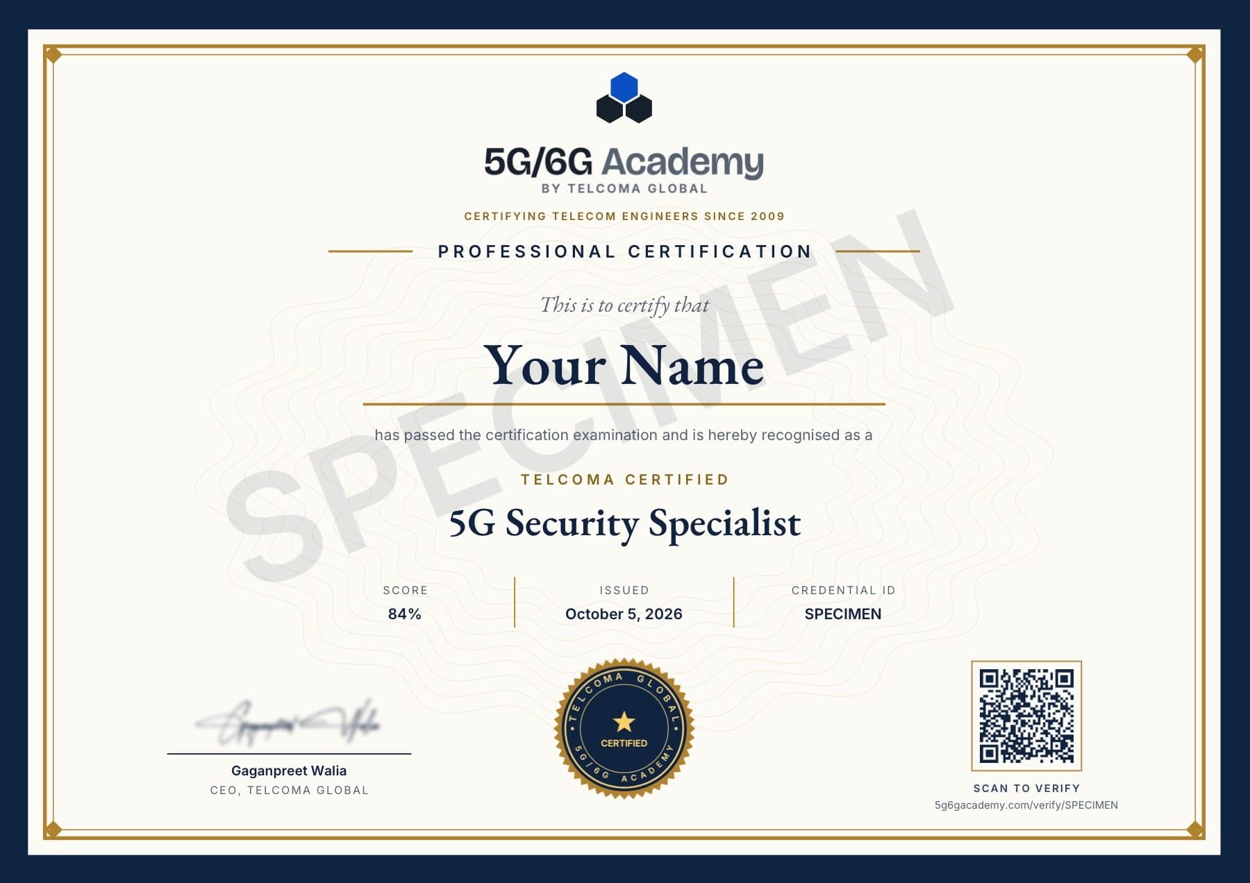 Specimen of the TELCOMA Certified 5G Security Specialist certificate — the real design, marked SPECIMEN