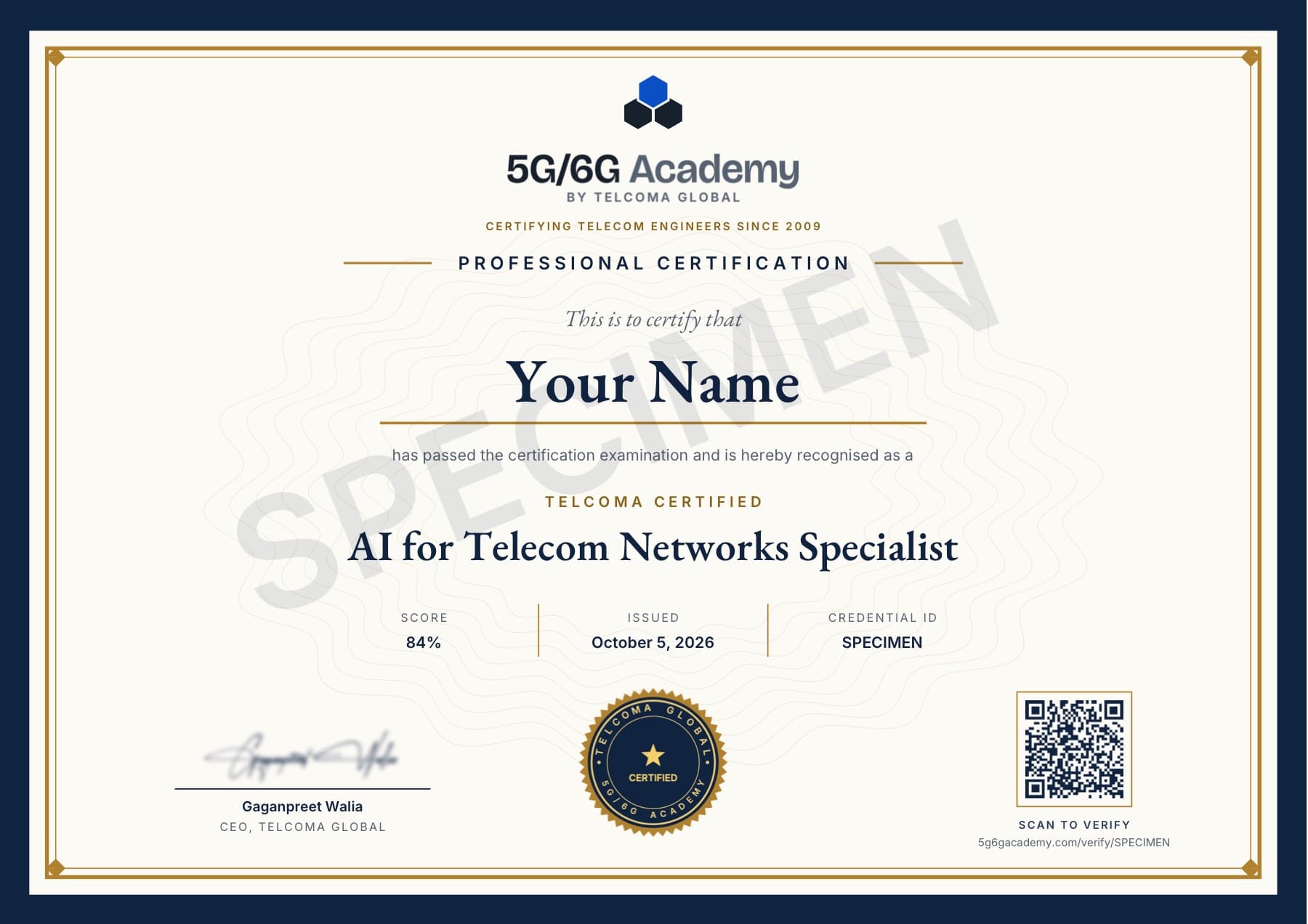Specimen of the TELCOMA AI for Telecom Networks Specialist certificate