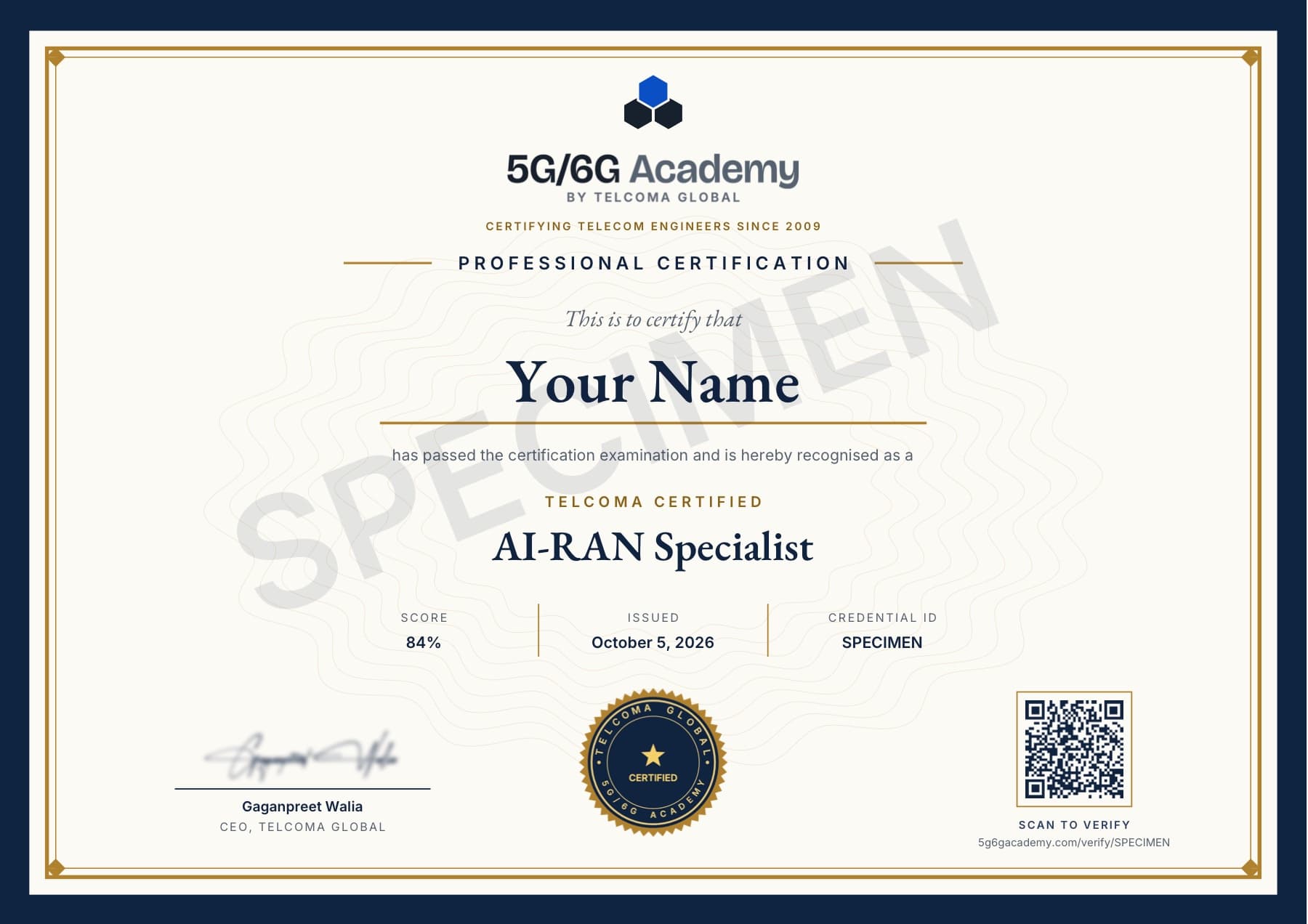Specimen of the TELCOMA AI-RAN Specialist certificate