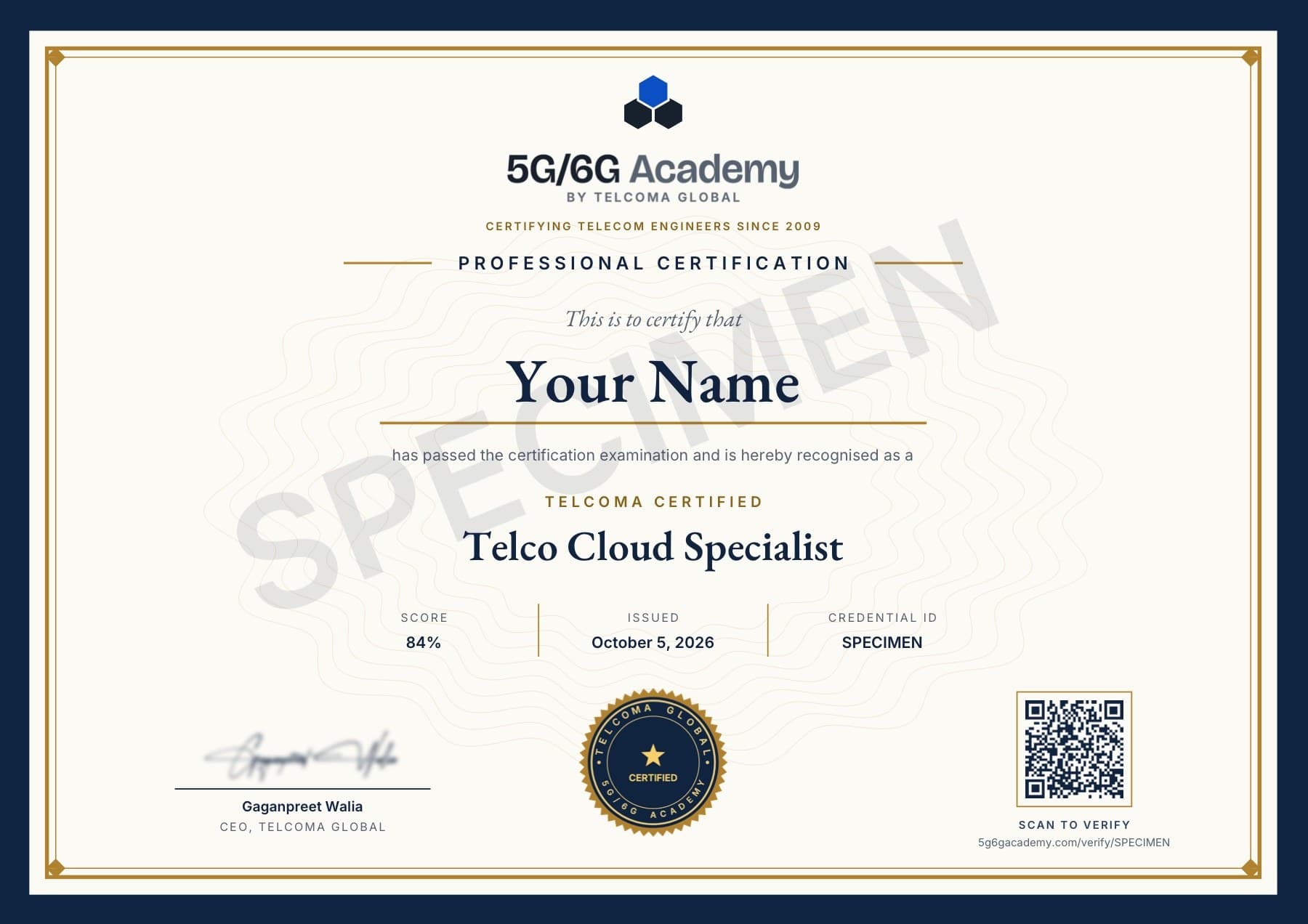 Specimen of the TELCOMA Certified Telco Cloud Specialist certificate — the real design, marked SPECIMEN